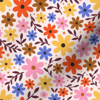 Retro 60s floral - daisy flowers in pink, orange, yellow and blue - medium scale
