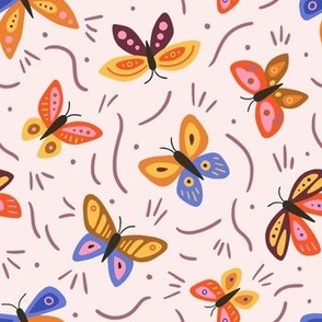 Folk butterflies in retro colors - red, orange, yellow and blue