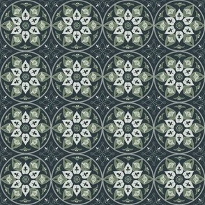 (S) floral medallions Greek style in moss green on black
