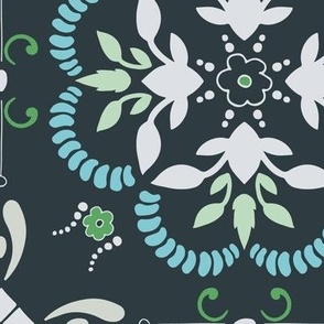 (XL) Madeira in Night floral ornaments in white, blue, green on black