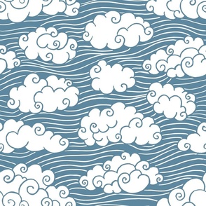  hand-drawn summer clouds quiet harbour blue ,sky fabric large scale