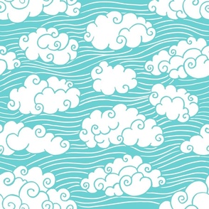  hand-drawn summer clouds turquoise ,sky fabric large scale