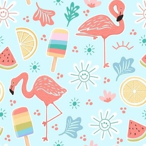 Summer fun flamingos, popsicles, watermelon, and daisies in blue 8 inch