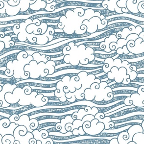  hand-drawn summer clouds quiet harbour blue textured ,sky fabric large scale