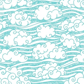  hand-drawn summer clouds turquoise blue textured ,sky fabric large scale