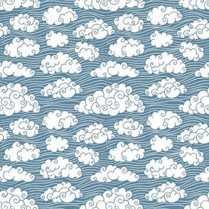  hand-drawn summer clouds quiet harbour blue ,sky fabric medium scale