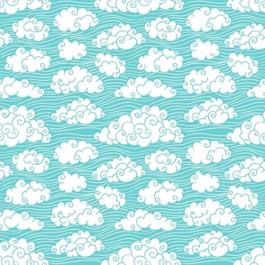  hand-drawn summer clouds turquoise ,sky fabric medium scale