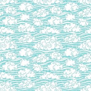  hand-drawn summer clouds turquoise blue textured ,sky fabric medium scale