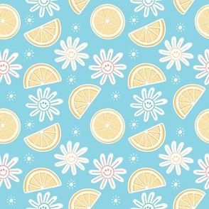 Summer Fun Lemons and smiling daises in blue 4 inch