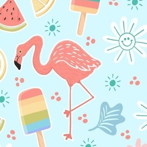 Summer fun flamingos, popsicles, watermelon, and daisies in blue 12 inch