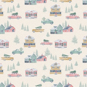Snowbound Village / Large Scale / Eggnog Cream / 230302 - Vintage 1950s Modern Christmas Toile in beige nude tan with snowy evergreen trees, gingerbread houses, farm scenes 