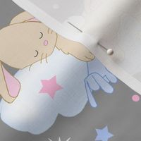 Bunny Sleeping on Cloud with Stars Pink Blue Baby Nursery 