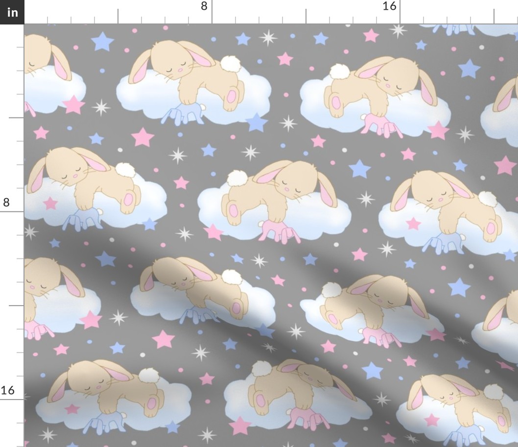 Bunny Sleeping on Cloud with Stars Pink Blue Baby Nursery 