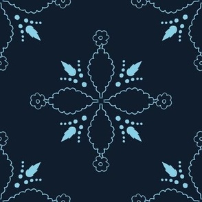 (XL) light blue floral ornament with leaves on dark blue