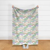 Mountains and clouds - retro style japan fuji mountain nature hike theme fall autumn lilac mint green sand blue  LARGE wallpaper