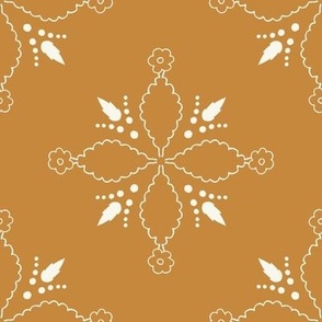 (XL) simple boho style ornament with white flowers and leaves on honey brown