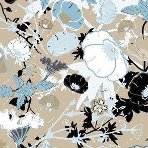 Overlapping White Black Blue Flowers And Leaves On Taupe Ground Medium Scale