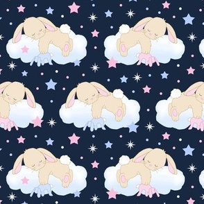 Bunny Sleeping on Cloud with Stars Pink Navy Blue Baby Nursery  Small Size