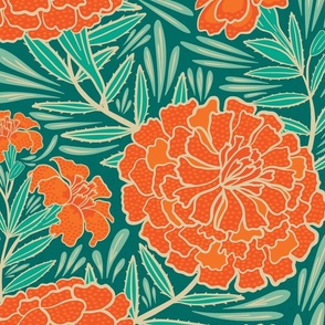 marigold bush garden- green and orange- large scale