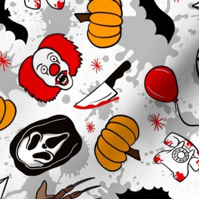 Large Scale Horror Movie Icons Halloween Slasher Flick Masked Characters Light Grey Blood Splatter on White Grunge
