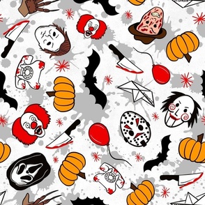 Large Scale Horror Movie Icons Halloween Slasher Flick Masked Characters Light Grey Blood Splatter on White Grunge