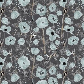 Poppies Blue  Floral Pattern On Dark Gray Ground Small Scale