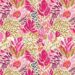 Hotty Pink Leopard-Flower – Pink/Gold on Cream White Wallpaper 
