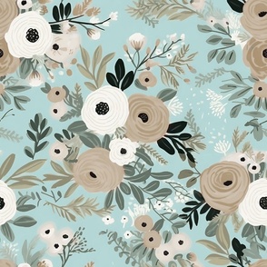 Olivia’s Bouquet – Mocha/White on Soft Cyan Wallpaper 