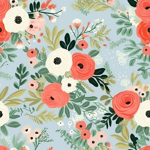 Olivia’s Bouquet – Coral/White on Baby Blue Wallpaper 