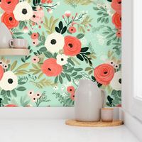 Olivia’s Bouquet – Coral/White on Mint Cream Wallpaper 