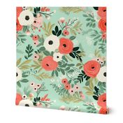 Olivia’s Bouquet – Coral/White on Mint Cream Wallpaper 
