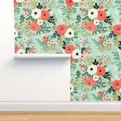 Olivia’s Bouquet – Coral/White on Mint Cream Wallpaper 