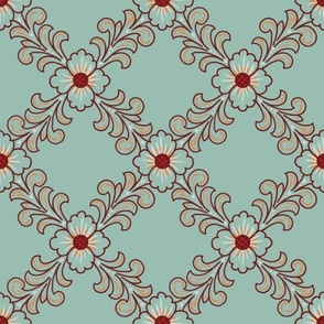 Western Floral Teal Green 9” repeat