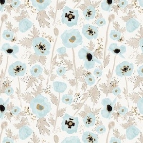Poppies Blue Floral Pattern On Light Cream Ground Small Scale