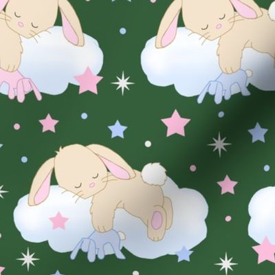 Bunny Sleeping on Cloud with Stars Pink Blue Hunter Green Baby Nursery  