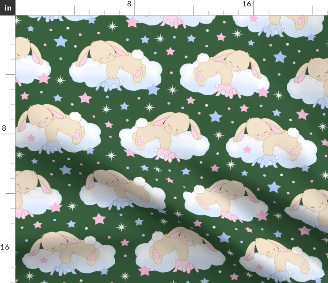 Bunny Sleeping on Cloud with Stars Pink Blue Hunter Green Baby Nursery  