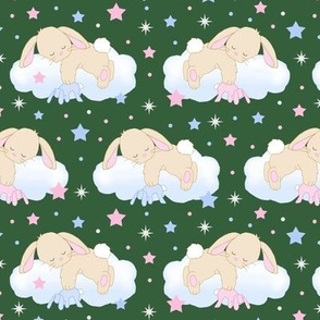Bunny Sleeping on Cloud with Stars Pink Hunter Green Baby Nursery Small Size 