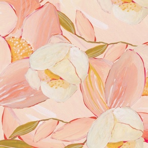 Large Scale cottagecore painted flowers blush pink and yellow wallpaper