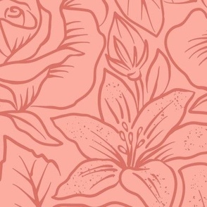 French Country Floral - outline - Deep Rose - Large Scale