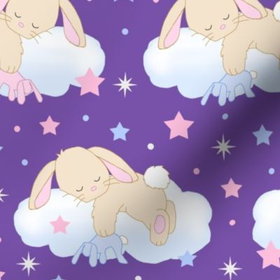 Bunny Sleeping on Cloud with Stars Pink Royal Purple Baby Girl Nursery