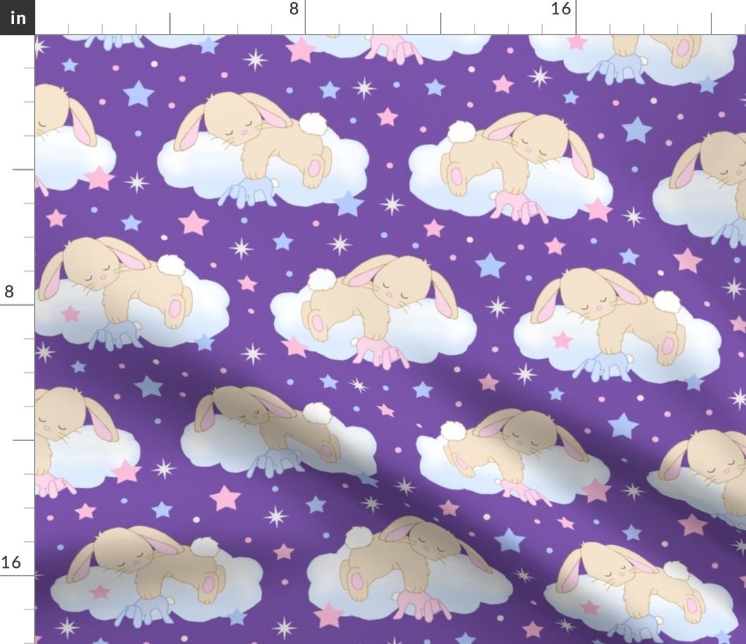 Bunny Sleeping on Cloud with Stars Pink Royal Purple Baby Girl Nursery