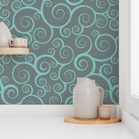 Fancy Swirls - Teal on Grey