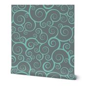 Fancy Swirls - Teal on Grey