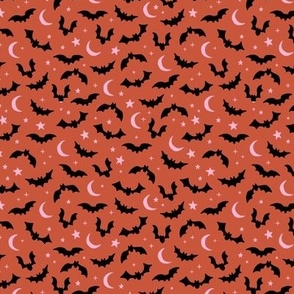 Bats & Stars - Halloween moon and autumn night creatures horror design black pink on sienna brick vintage red  SMALL