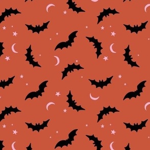 Bats & Stars - Halloween boho moon and autumn tossed night creatures design black pink on sienna vintage red SMALL