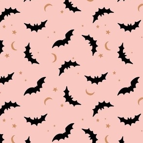 Bats & Stars - Halloween boho moon and autumn tossed night creatures design black golden ochre on blush  SMALL