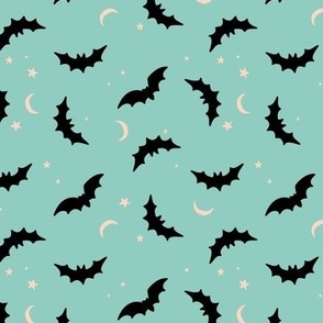 Bats & Stars - Halloween boho moon and autumn tossed night creatures design black turquoise blush  SMALL