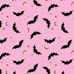 Bats & Stars - Halloween boho moon and autumn tossed night creatures design black sienna on pink SMALL