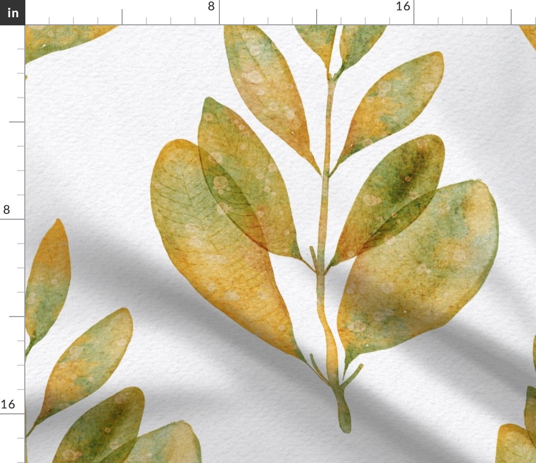 myrtus pimenta large - hand-painted warm green leaf - autumn watercolor botanical wallpaper