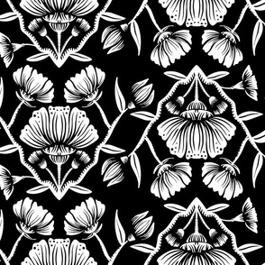 Vintage carnations damask, white on black